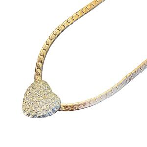 Panetta Heart Pendant Necklace Gold Tone Rhinestone Pave Herringbone Romantic